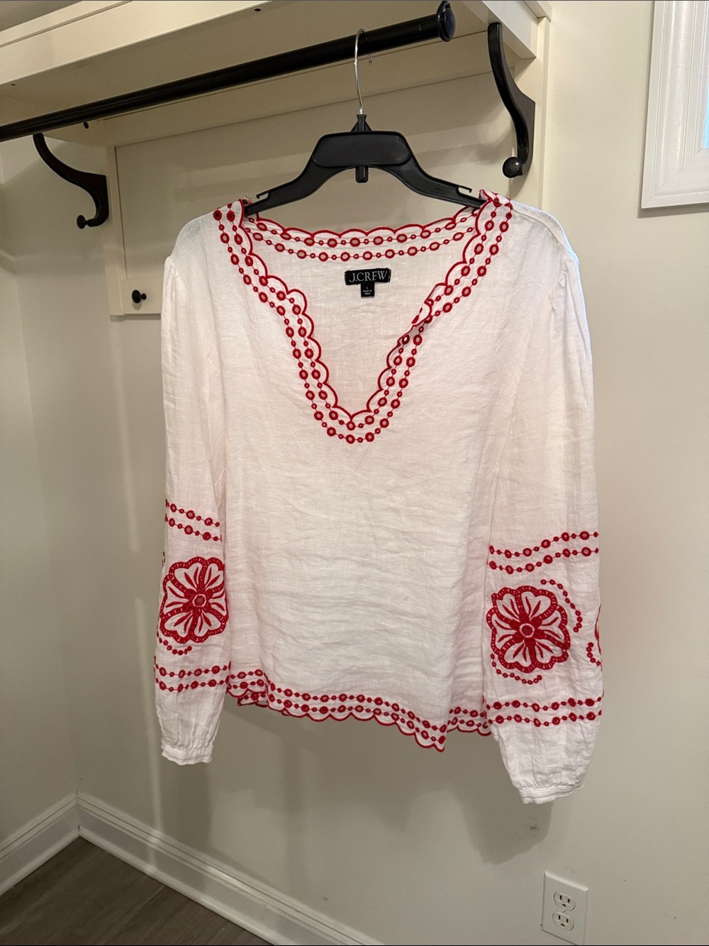 J. Crew White Linen Tunic with Red Floral Embroidery